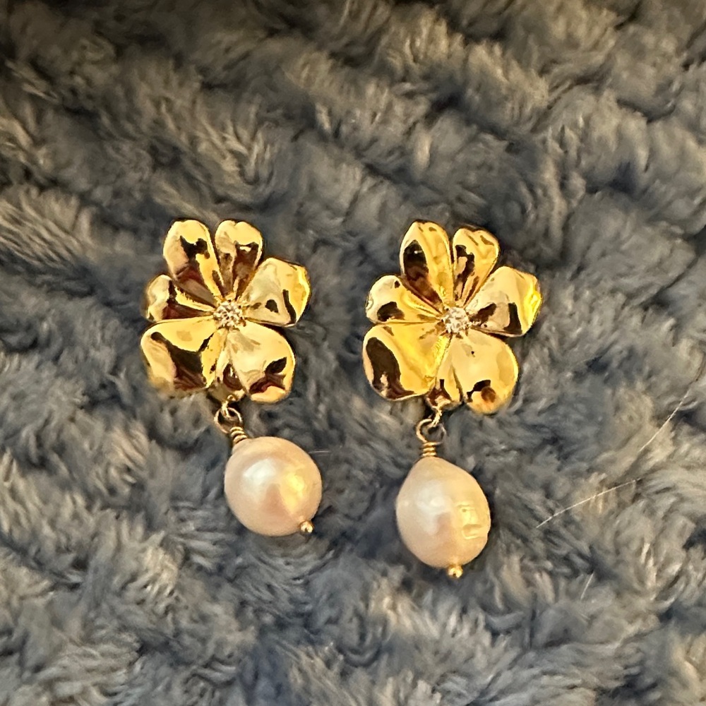 Gold Floral Pearl Drop Earrings
